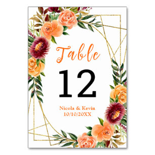 Herbst-Burgund-Orange-Blumenhochzeit Tischnummer