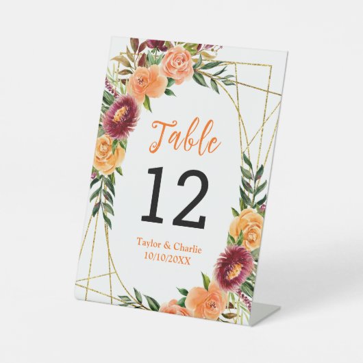 Herbst-Burgund-Orange-Blumenzettel-Tischnummer Sockelschild (Vorderseite)