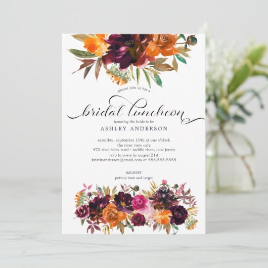 Herbst Burgund & Orange Floral Bridal Luncheon Einladung (Stehend Vorderseite)