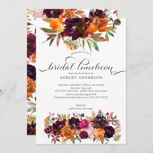 Herbst Burgund & Orange Floral Bridal Luncheon Einladung (Vorne/Hinten)