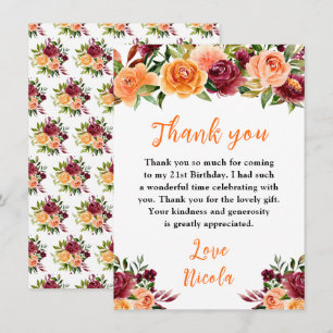 Herbst-Burgund und Orange Floral Geburtstag Dankeskarte