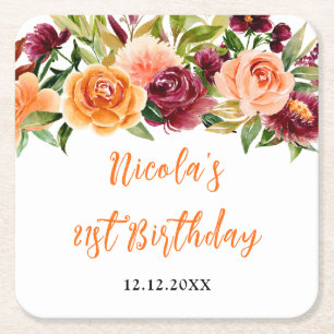 Herbst Burgund und Orange Floral Geburtstag Rechteckiger Pappuntersetzer