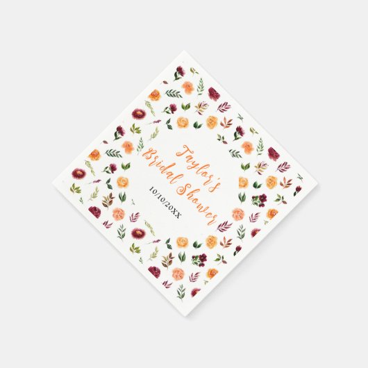 Herbst-Burgund und Orangefarbenes Brautparty Serviette (Ecke)