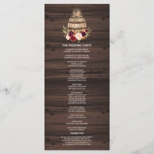 Herbst Burgund Wein Barrel Floral Wedding Programm (Rückseite)