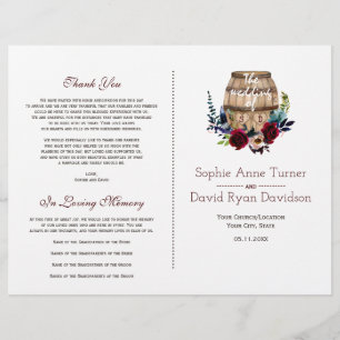 Herbst-Burgunder-Blumen-Weinfass-Hochzeitsprogramm Flyer
