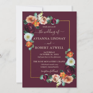 Herbst Burgunder Rot Orange Blush Florale Hochzeit Einladung