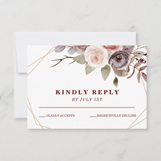 Herbst Burgundy Blumen geometrische Rahmen Hochzei RSVP Karte (Vorderseite)