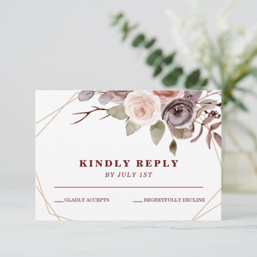 Herbst Burgundy Blumen geometrische Rahmen Hochzei RSVP Karte (Stehend Vorderseite)
