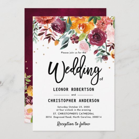 Herbst-Burgundy Blush Bloral Blossom Hochzeit Einladung (Vorne/Hinten)