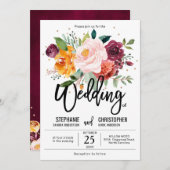 Herbst-Burgundy Blush Bloral Blossom Hochzeit Einladung (Vorne/Hinten)