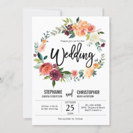 Herbst-Burgundy Blush Bloral Blossom Hochzeit Einladung