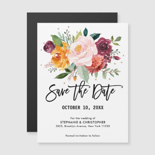 Herbst Burgundy Blush Bloral Blossom Save the Date Magneteinladung (Vorne/Hinten)