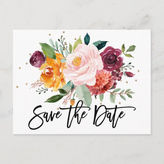 Herbst Burgundy Blush Bloral Blossom Save the Date Postkarte (Vorderseite)