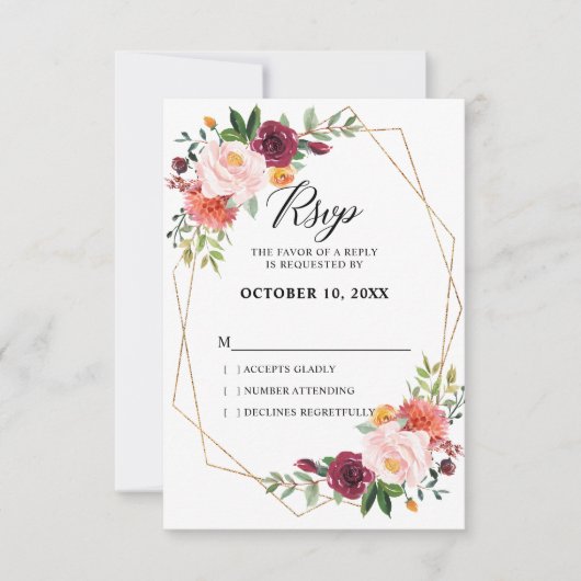 Herbst Burgundy Blush Bloral geometrische Hochzeit RSVP Karte (Vorderseite)