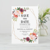 Herbst Burgundy Blush Bloral geometrische Hochzeit Save The Date (Stehend Vorderseite)