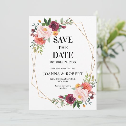 Herbst Burgundy Blush Bloral geometrische Hochzeit Save The Date (Stehend Vorderseite)
