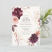 Herbst Burgundy Floral Gold Frame Baby Dusche Einladung (Stehend Vorderseite)