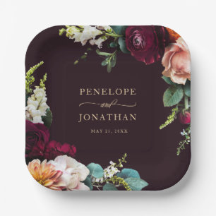 Herbst Burgundy Floral Gold Script Hochzeit Pappteller