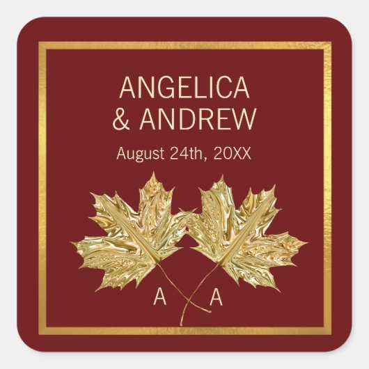 Herbst Burgundy Gold Maple Leaf Hochzeit Quadratischer Aufkleber (Vorderseite)