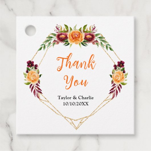 Herbst Burgundy Orange Floral Wedding Vielen Dank Geschenkanhänger (Vorderseite)