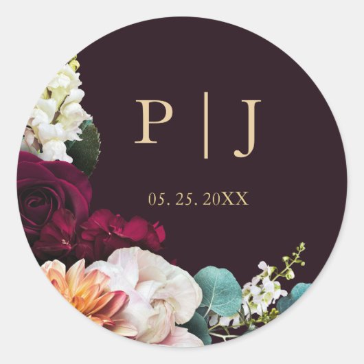 Herbst Burgundy Pink Floral Gold Monogram Runder Aufkleber (Vorderseite)