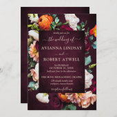 Herbst-Burgundy Rote Orange Blush Bloral Hochzeit Einladung (Vorne/Hinten)