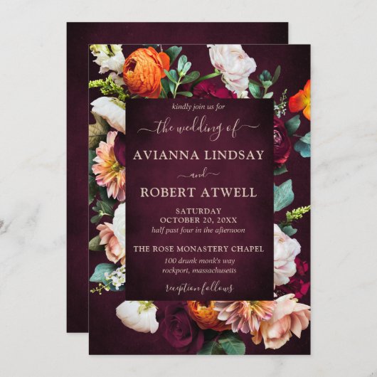 Herbst-Burgundy Rote Orange Blush Bloral Hochzeit Einladung (Vorne/Hinten)
