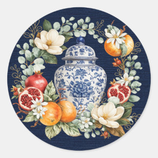 Herbst-Chinoiserie, Granatapfel & Magnolie Runder Aufkleber