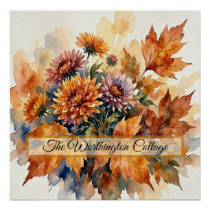 Herbst-Chrysantheme und Ahornblatt-Aquarell-Sträuß Poster