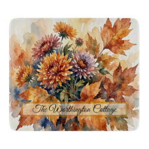 Herbst-Chrysantheme und Ahornblatt-Aquarell-Sträuß Schneidebrett