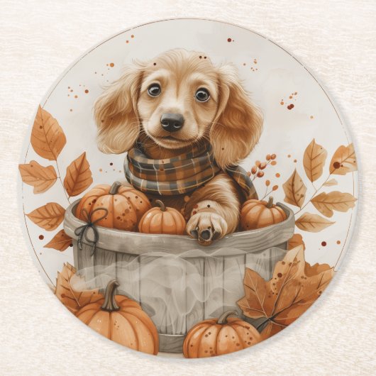 Herbst Dackel Hunde Pumpkin Runder Pappuntersetzer (Vorderseite)