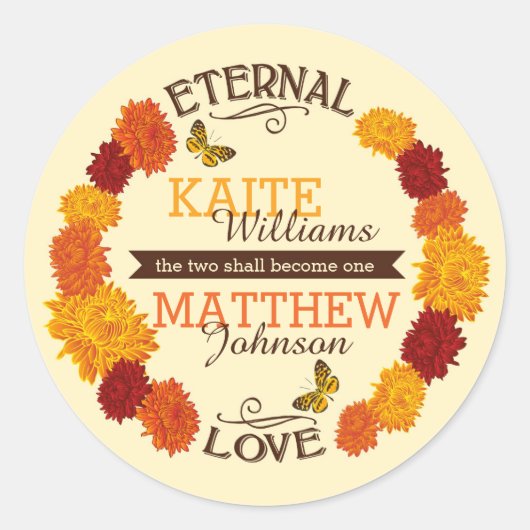 Herbst-Dahlia-Wreath-Hochzeitslabel Runder Aufkleber (Vorderseite)