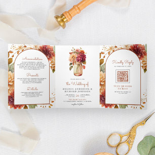 Herbst-Dahlie-Blumen-Mason-Glas-QR-Code-Hochzeit Dreifach Gefaltete Einladung