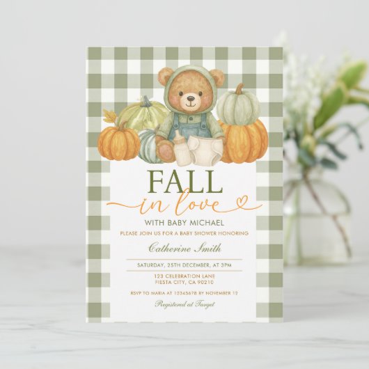 Herbst der Liebe Bear Pumpkin Baby Dusche Gingham Einladung (Stehend Vorderseite)