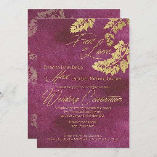 Herbst der Liebe Cranberry und Gold Blätter Hochze Einladung (Vorne/Hinten)