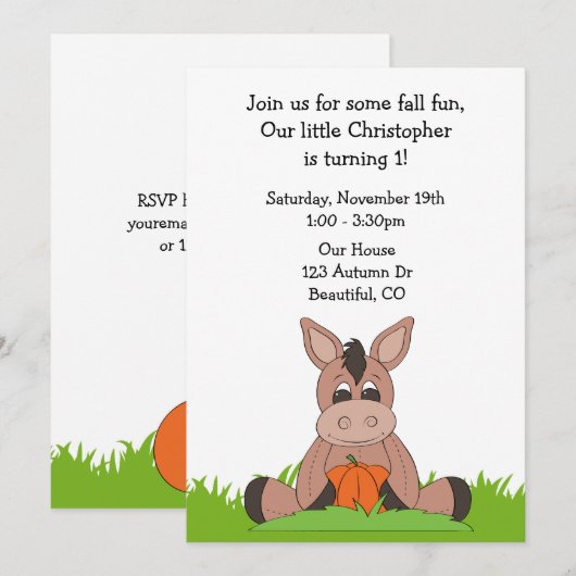 Herbst Donkey 1. Geburtstag Einladung (Vorne/Hinten)
