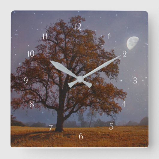 Herbst Eichenbaum und Mondfantasy Surreal Quadratische Wanduhr (Vorderseite)