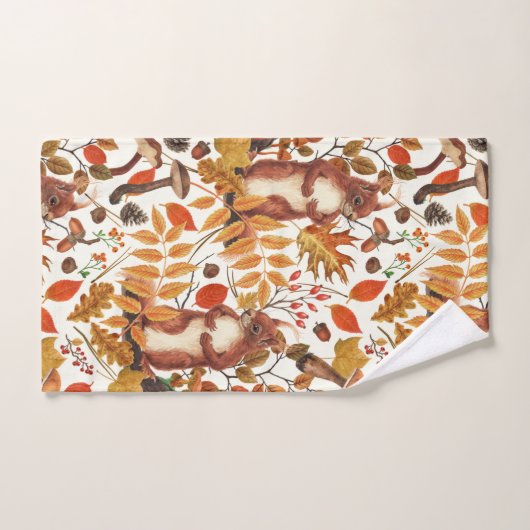 Herbst-Eichhörnchen und Herbstflora auf Weiß Badhandtuch Set (Handtuch)