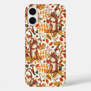Herbst-Eichhörnchen und Herbstflora auf Weiß iPhone 16 Plus Hülle