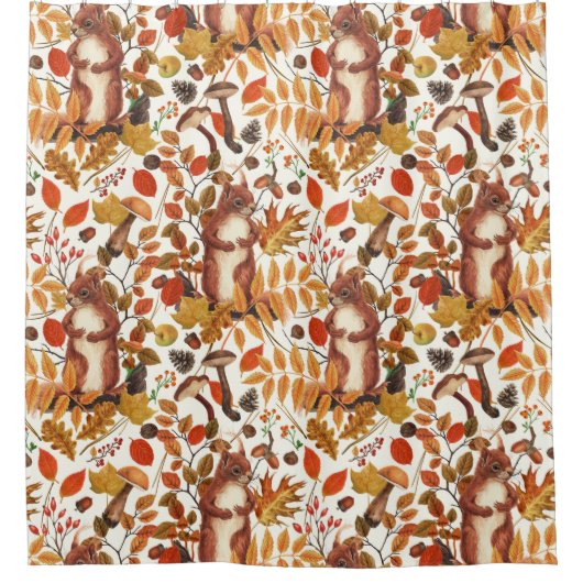 Herbst-Eichhörnchen und Herbstflora auf Weiß Duschvorhang (Vorderseite)