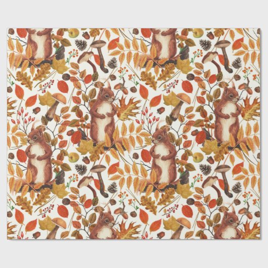 Herbst-Eichhörnchen und Herbstflora auf Weiß Geschenkpapier (Flach)