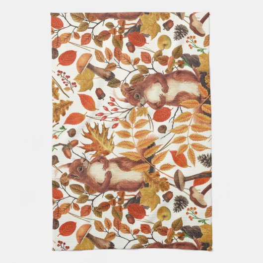 Herbst-Eichhörnchen und Herbstflora auf Weiß Geschirrtuch (Vertikal)