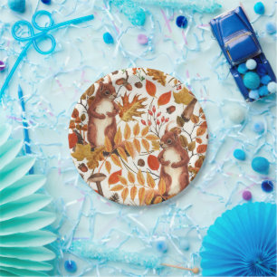 Herbst-Eichhörnchen und Herbstflora auf Weiß Pappteller