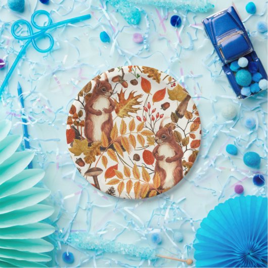 Herbst-Eichhörnchen und Herbstflora auf Weiß Pappteller (Party)