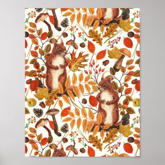 Herbst-Eichhörnchen und Herbstflora auf Weiß Poster (Vorne)