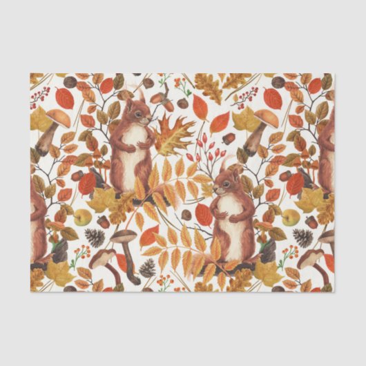 Herbst-Eichhörnchen und Herbstflora auf Weiß Seidenpapier (Vorderseite)