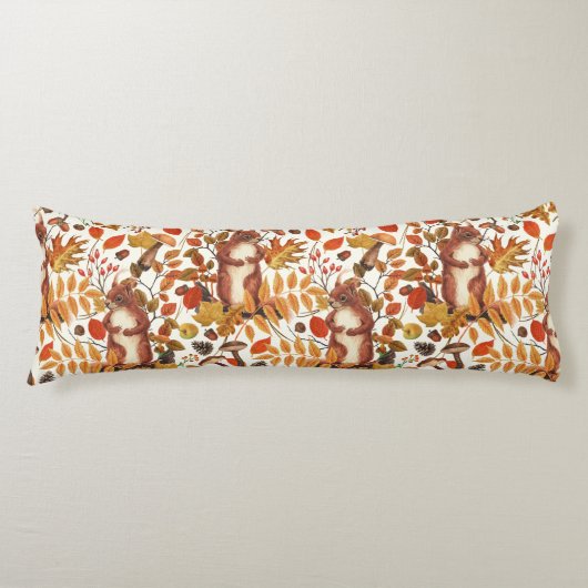 Herbst-Eichhörnchen und Herbstflora auf Weiß Seitenschläferkissen (Vorderseite)