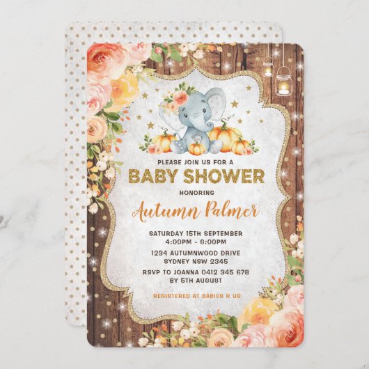 Herbst-Elefant-Babyparty-Fall-Blumenkürbis Einladung (Vorne/Hinten)