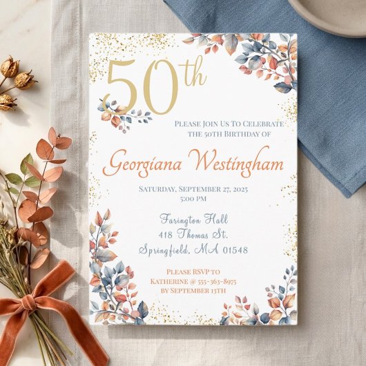 Herbst Elegance 50. Geburtstag Glitzer Einladung