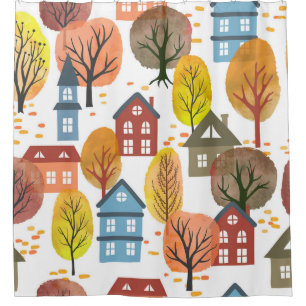 Herbst Elegance: Wasserfarben Stadt und Bäume Duschvorhang